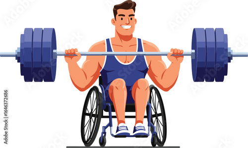 Man in wheelchair lifting heavy barbell weight strength training workout fitness illustration 