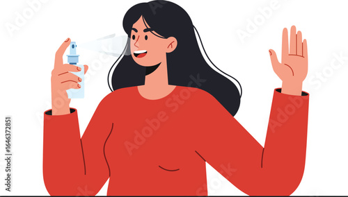 Woman using nasal spray for allergy relief in red sweater vector illustration natural health care treatment 