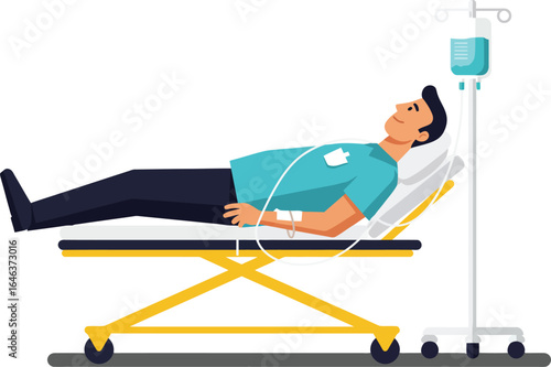 Patient lying on hospital stretcher receiving intravenous therapy in medical setting vector illustration 