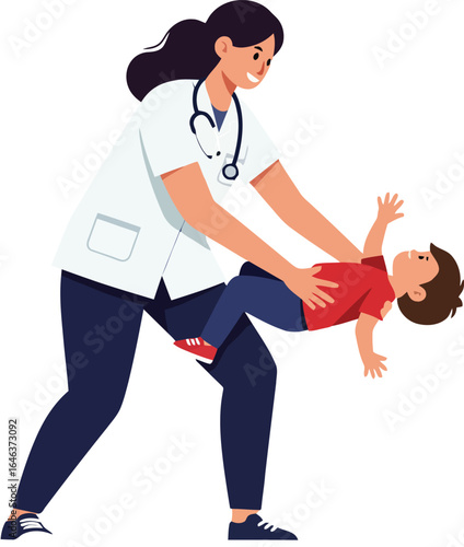 Female pediatrician playing with child patient in medical office vector illustration 