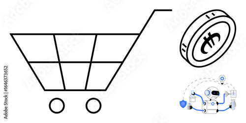 Shopping cart, cryptocurrency coin, and AI robot integrating blockchain, automation, and financial innovation. Ideal for e-commerce, cryptocurrency, automation, fintech data security AI digital