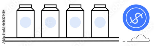Four milk cartons lined up on a shelf with a blue dollar in a circle signifying pricing. Ideal for commerce, product marketing, retail, cost analysis, budgeting, food industry, economic studies