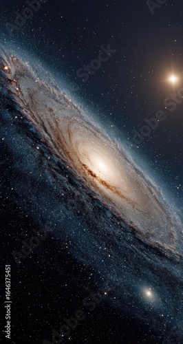 A breathtaking spiral galaxy, luminous core glowing brightly, set against a backdrop of dark space speckled with distant stars and a prominent, bright star to the upper right