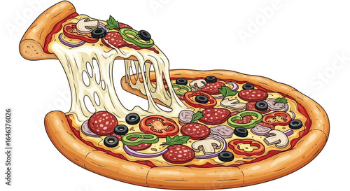 Cheesy Pizza Slice with Stretching Melted Cheese and Toppings