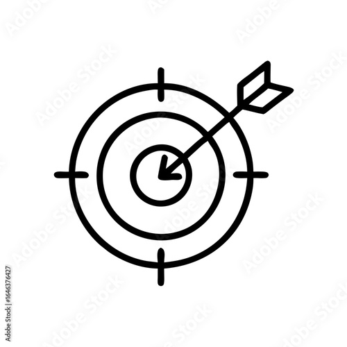 Target with arrow hitting the center of the bullseye black icon on white background