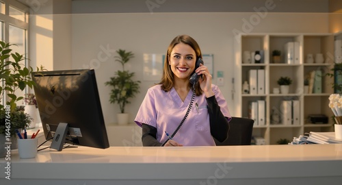 Friendly Medical Receptionist Answering Phone Call, Scheduling Appointments, Excellent Patient Care