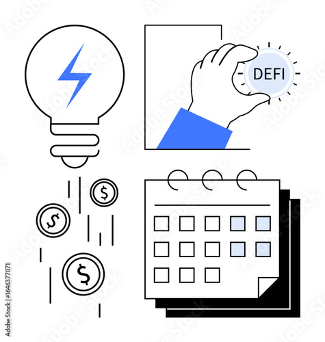 Light bulb with energy bolt, coins flowing downward, hand holding DeFi token, and calendar. Ideal for fintech, decentralized finance, innovation, energy planning blockchain and efficiency. Simple