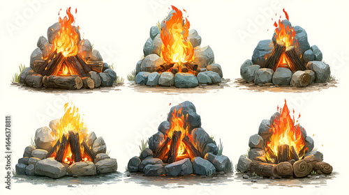 Six cartoon style campfire illustration pictures