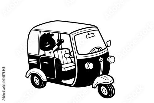 "Cartoon-style black rickshaw auto vector, fun and vibrant, for children’s books or playful marketing campaigns."