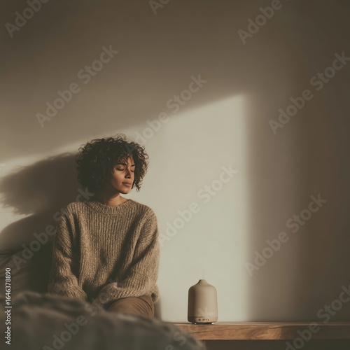 A serene moment featuring a woman in a cozy sweater, sitting peacefully in a softly lit room, with an essential oil diffuser nearby.
