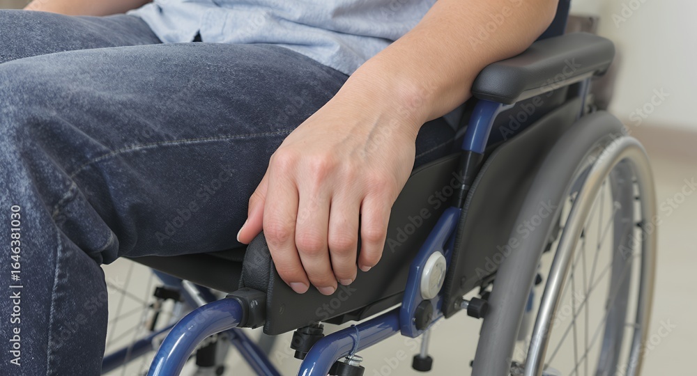 Obraz premium Wheelchair Users Hand on Armrest Mobility Accessibility Solutions