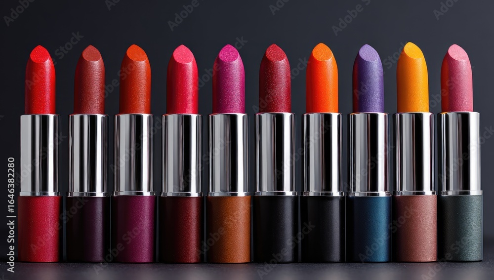 Obraz premium A row of twelve lipsticks with diverse, vibrant colors and metallic silver casings, arranged on a dark background