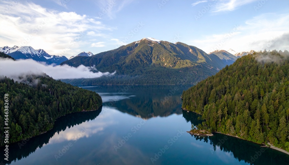 Serene mountain lake reflecting a misty mountain range, surrounded by lush forests. Serene mountain lake reflecting a misty mountain range, surrounded by lush forests.