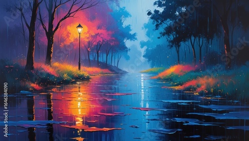 A vibrant, colorful painting of a rain-soaked path through a forest.