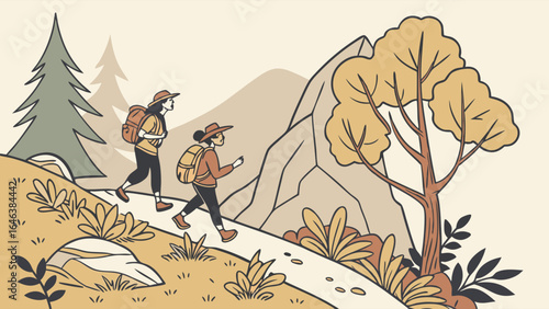Adventure Hike Illustration: Two People Hiking on a Mountain Trail