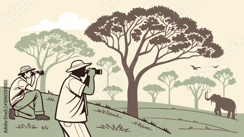 African safari scene with photographers and wildlife observing an elephant