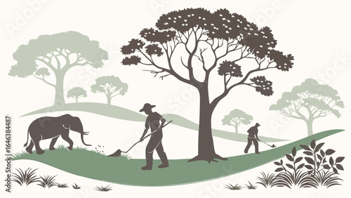 African Savanna Scene with Elephant and Landscapers working the land
