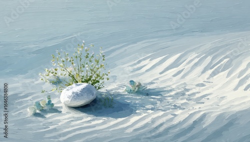 A smooth, white stone rests beside delicate, pale green plants sprouting from a textured, white sand dune, bathed in soft, diffused light, casting subtle shadows