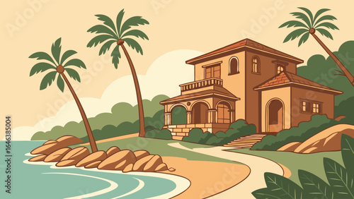 Beachfront Villa at Sunset: Tropical Coastal House with Palm Trees