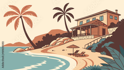 Beachside House with Palm Trees and Ocean View Illustration