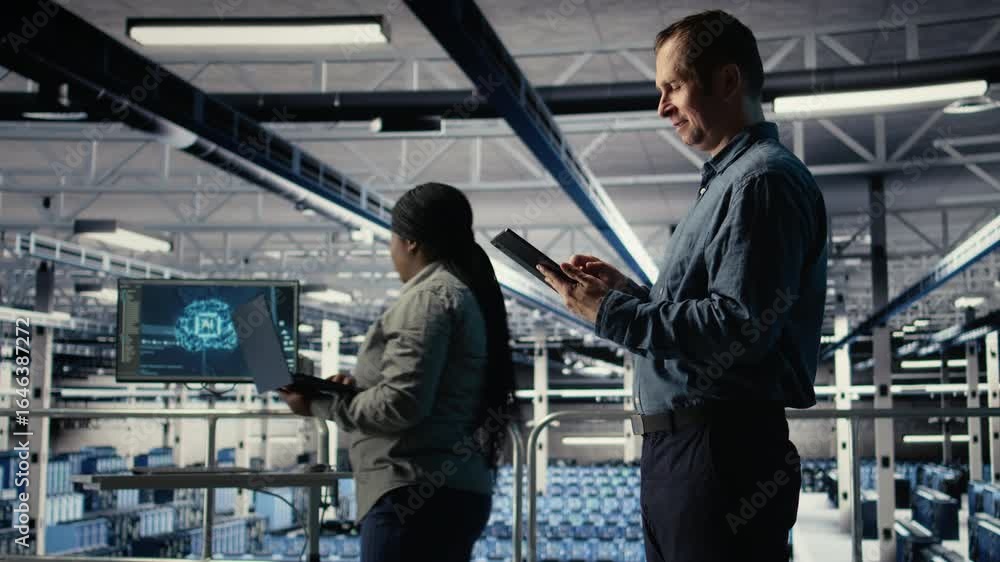 IT expert in server hub uses tablet to optimize deep learning AI ...