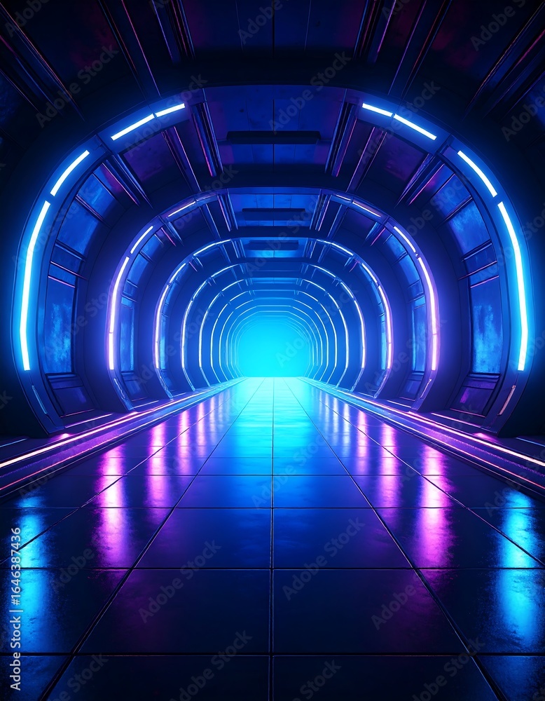 Fototapeta premium Futuristic tunnel with vibrant neon lights. A corridor of the future