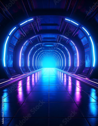 Fototapeta Naklejka Na Ścianę i Meble -  Futuristic tunnel with vibrant neon lights.  A corridor of the future