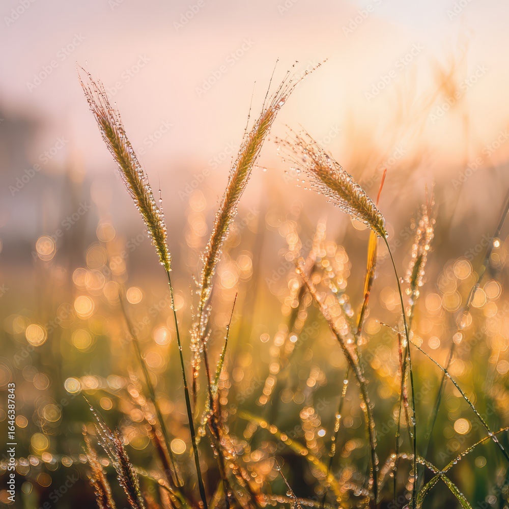 Fototapeta premium Grass with dew drops at sunrise, a natural background