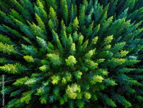 High-angle view of a dense conifer forest.  Green, vibrant trees radiate outward from a central point, showing varying shades of green. 