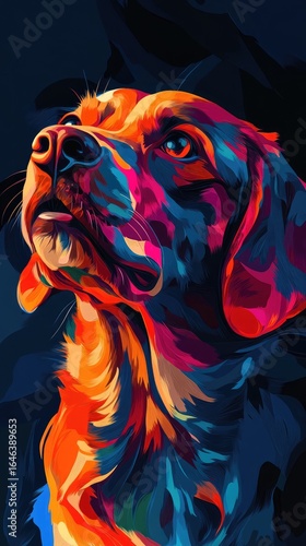A dog with a colorful face is shown in a painting
