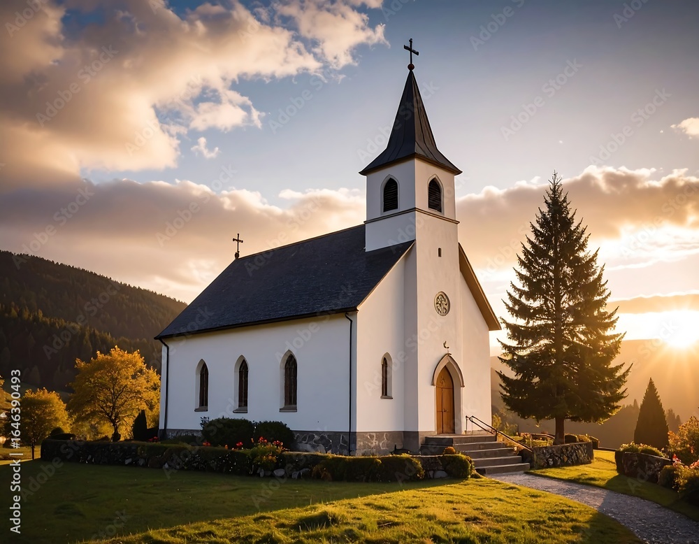 Naklejka premium Church at sunset, idyllic scene