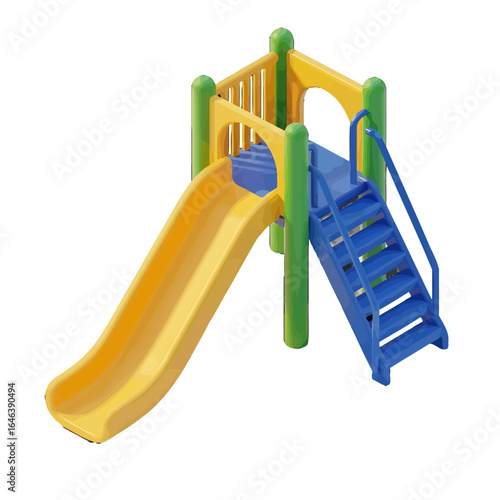 A colorful childrens playground slide with a yellow chute blue stairs and green support posts.