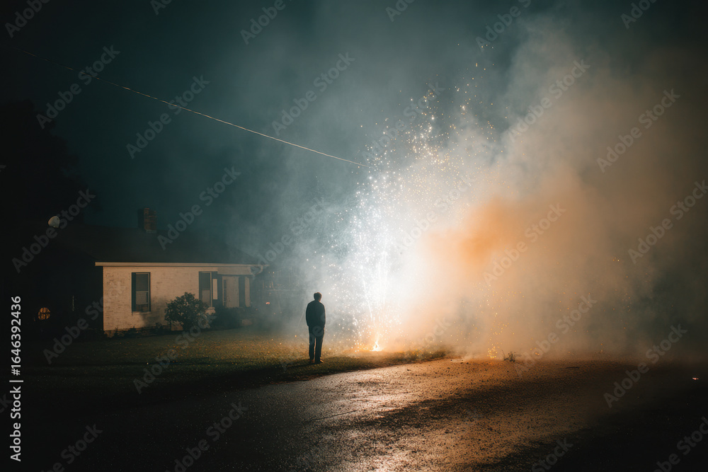 Fototapeta premium father ignites fireworks in backyard amid joyful shouts from excited children
