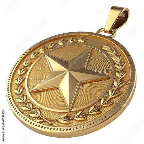 Ornate gold pendant featuring a star and laurel wreath isolated on transparent background
