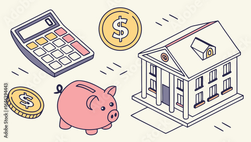 Isometric illustration of financial concepts including calculator, piggy