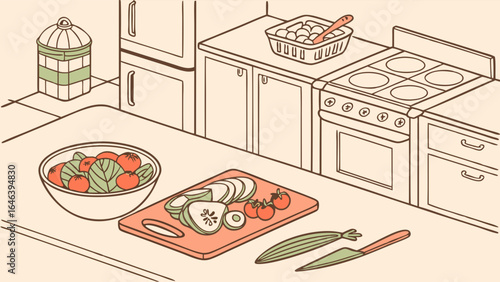 Isometric Kitchen Illustration: Salad Preparation with Fresh Ingredients
