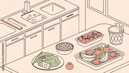 Isometric kitchen scene with fresh fruits and vegetables prepared for