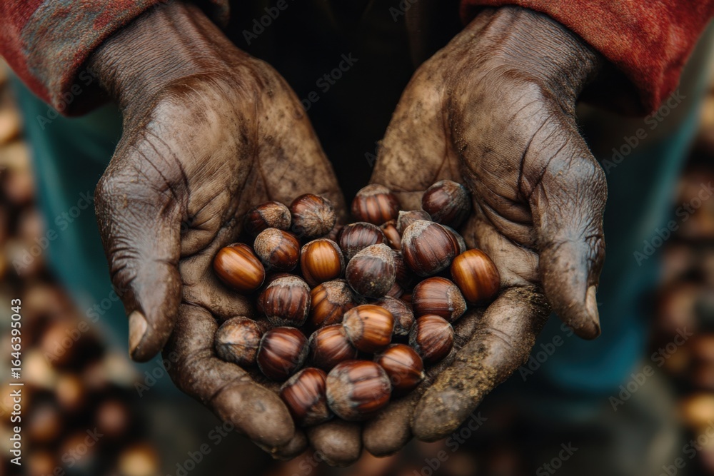 Farmer holding freshly harvested hazelnuts in hands Farmer holding freshly harvested hazelnuts in hands