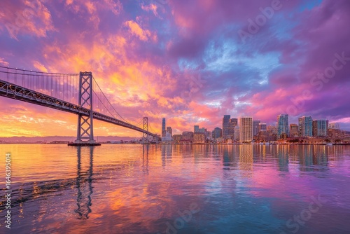 A vibrant sunrise over San Francisco Bay, with a bridge spanning the water