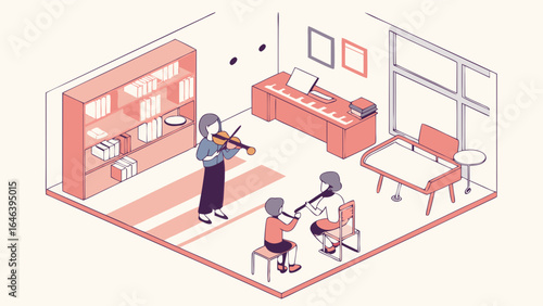 Isometric Music Class Lesson, Violin and Clarinet Practice Illustration