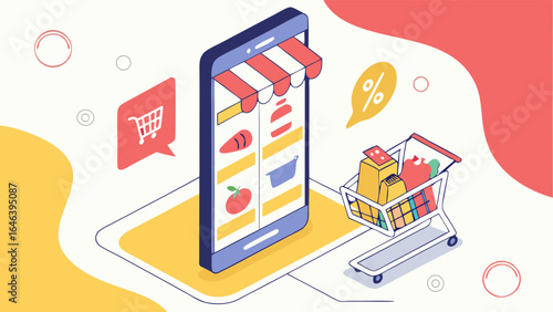 Isometric Online Grocery Shopping with Smartphone Cart and Food Elements