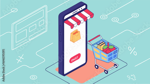Isometric Online Shopping Concept: Smartphone, Cart, Payment, Illustration