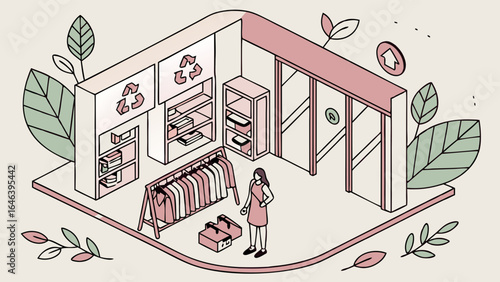 Isometric view of a sustainable clothing store buying and recycling concept