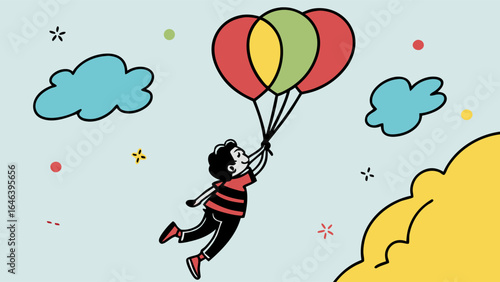 Joyous child floating with balloons in vibrant cartoon style illustration