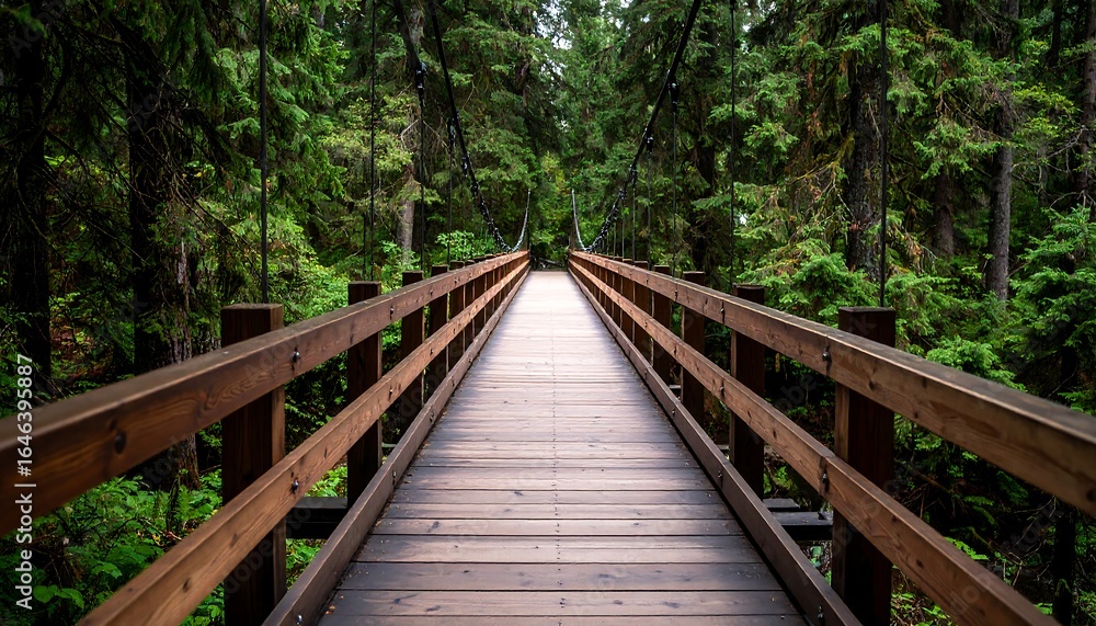Wooden suspension bridge through a lush forest Wooden suspension bridge through a lush forest