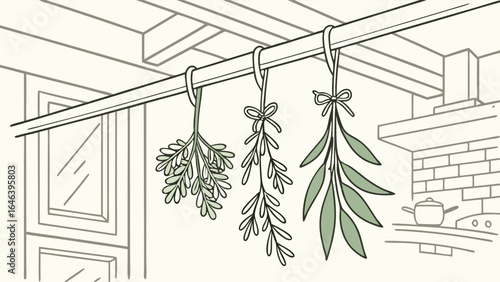Kitchen Herbs Hanging Illustration: Line Art with Fresh Green Botanicals.