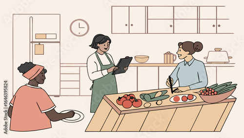 Kitchen illustration of women cooking preparing fresh food together