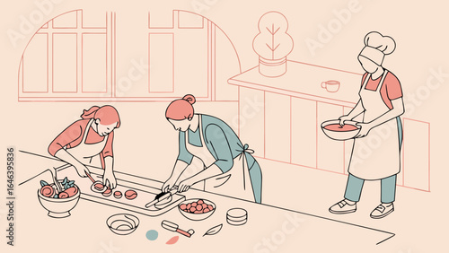 Kitchen scene illustration of people cooking, preparing ingredients for