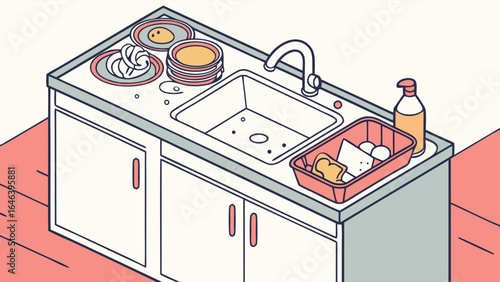 Kitchen sink illustration with dishes bread sponge and cleanser line art