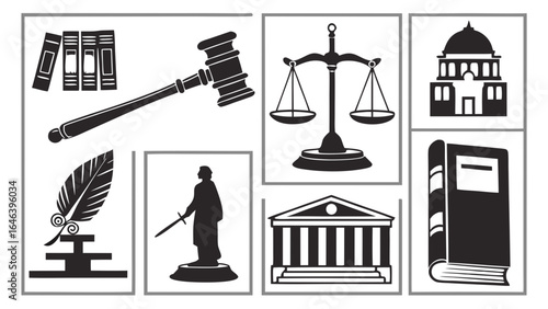 Law and Justice Icon Set in Black and White on Isolated Background